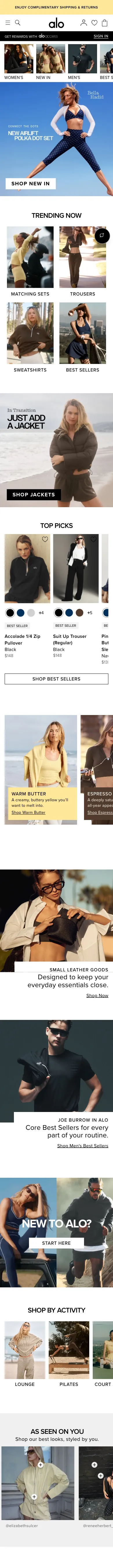 Alo Yoga, homepage (mobile)