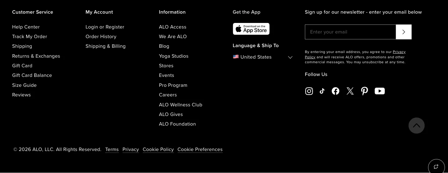 Footer from Alo Yoga
