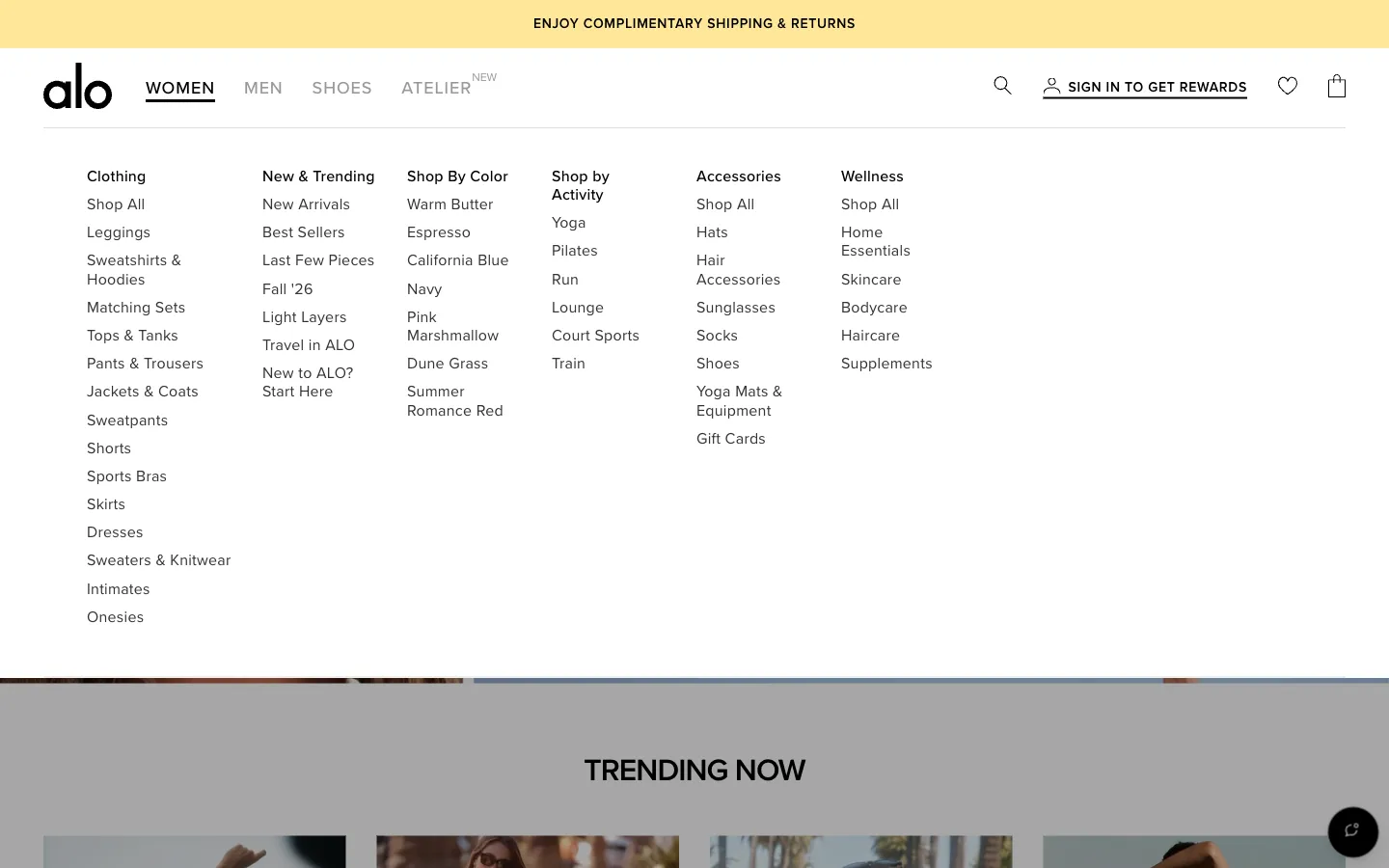 Alo Yoga, menu (desktop)