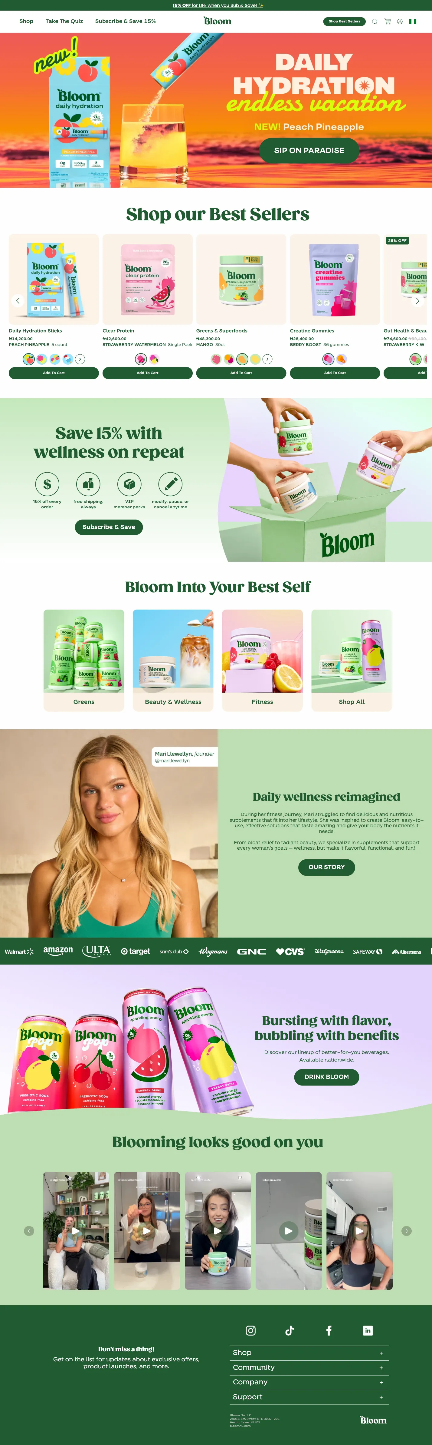 Bloom Nutrition, homepage (desktop)