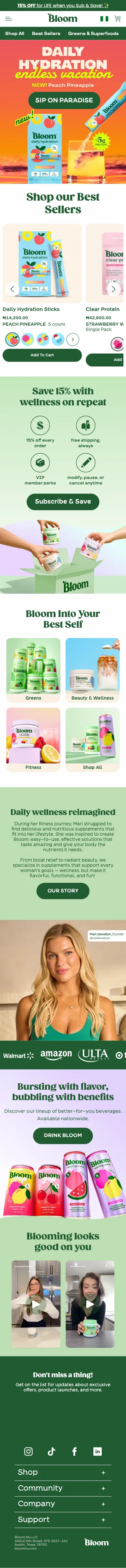 Bloom Nutrition, homepage (mobile)
