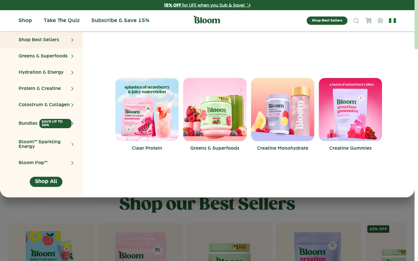 Bloom Nutrition, menu (desktop)
