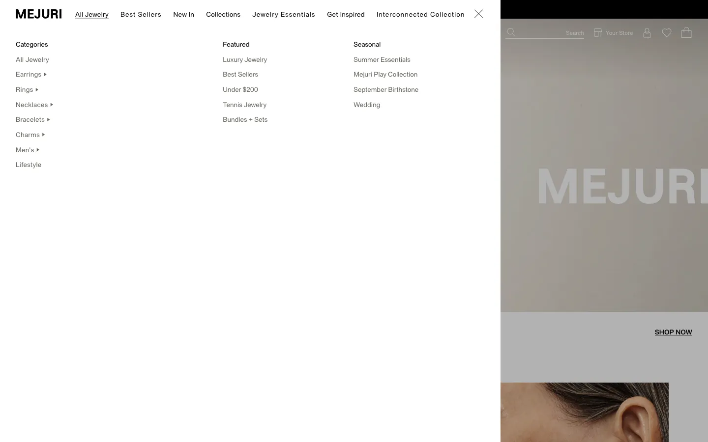 Mejuri, menu (desktop)