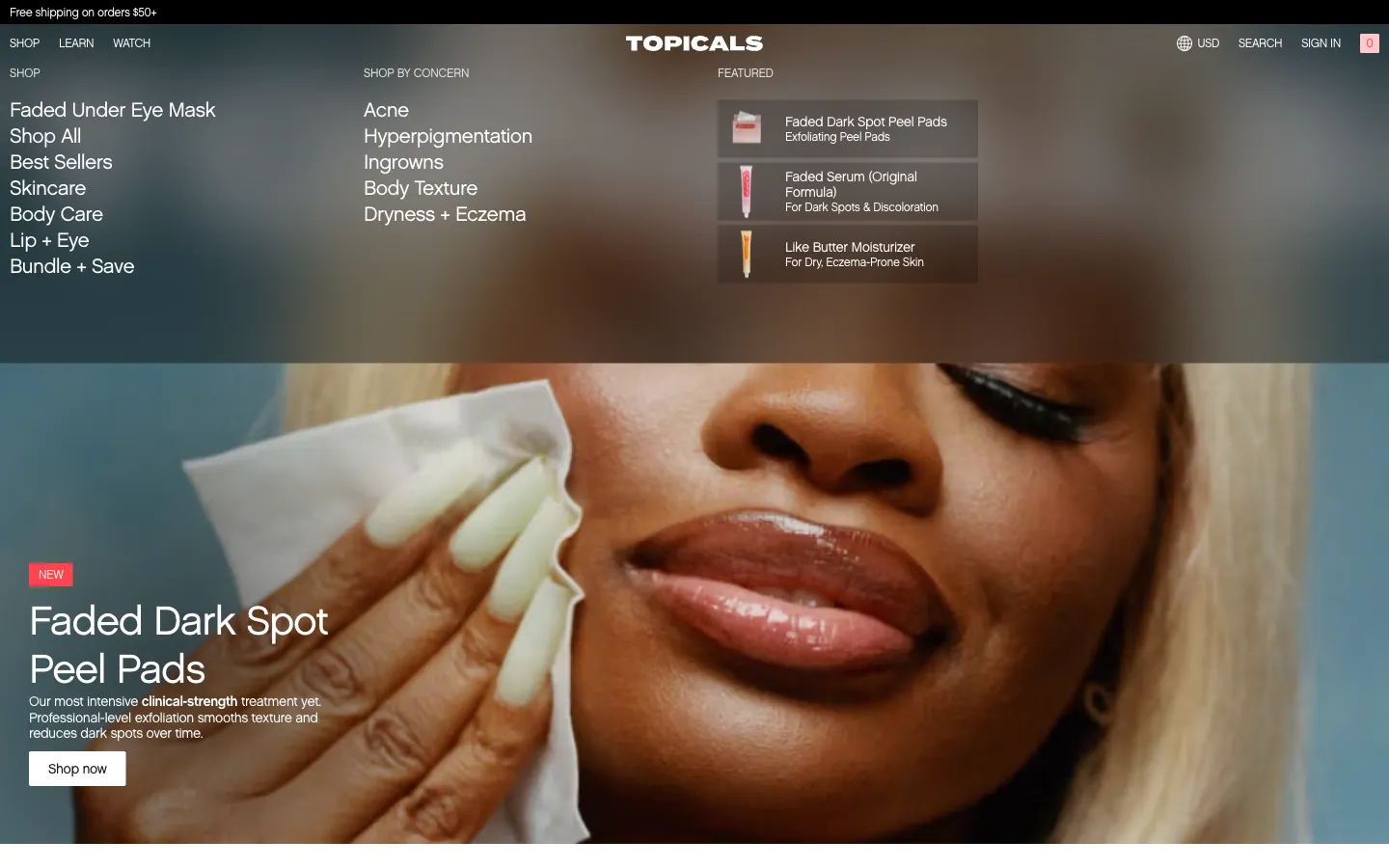 Topicals, menu (desktop)