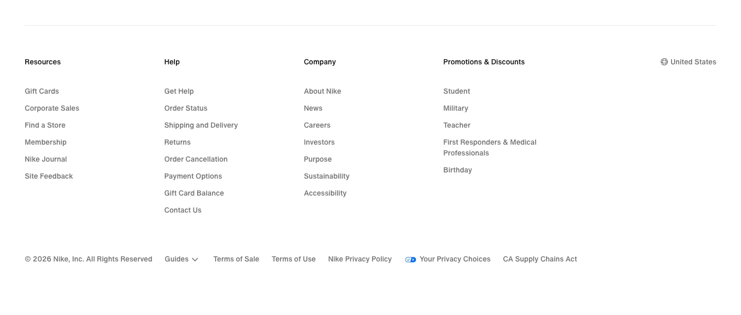 Footer from Nike.com