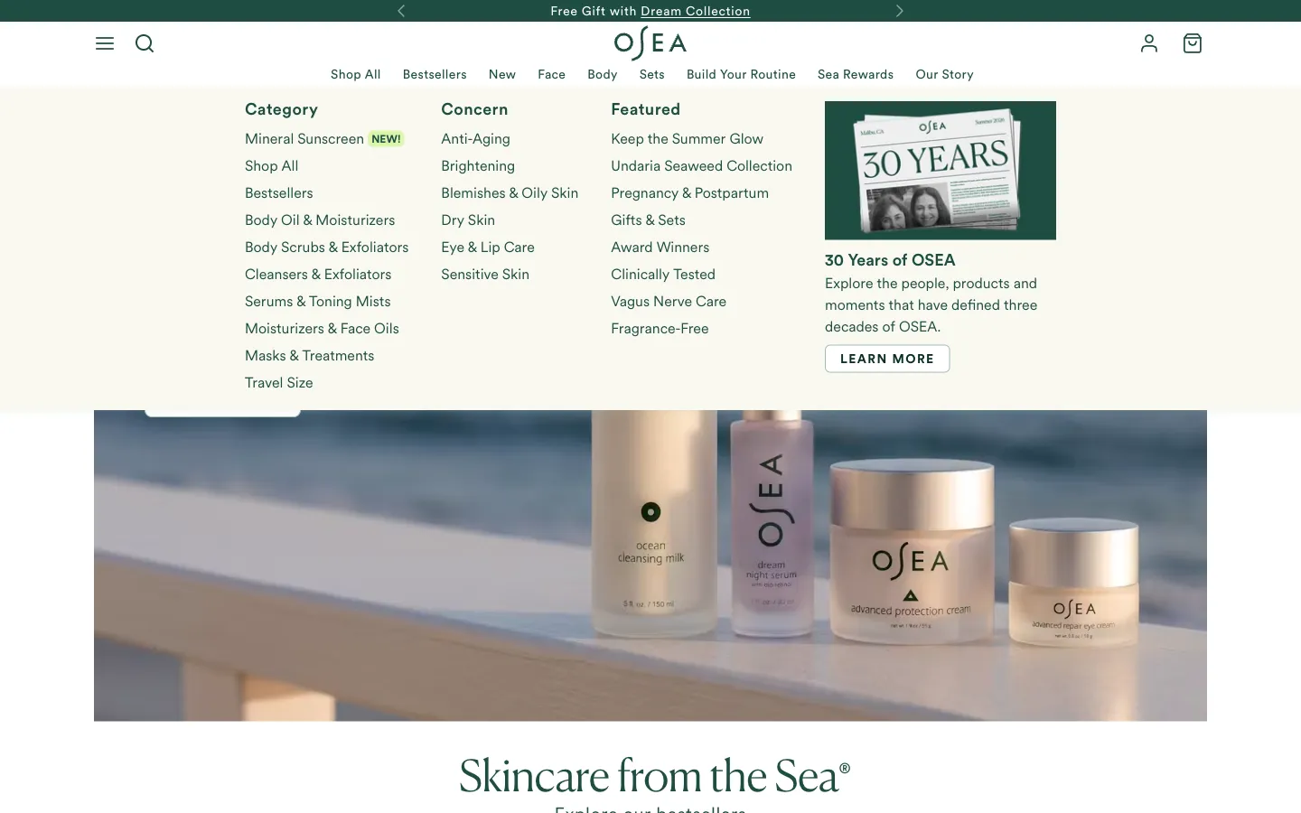 OSEA® Malibu, menu (desktop)