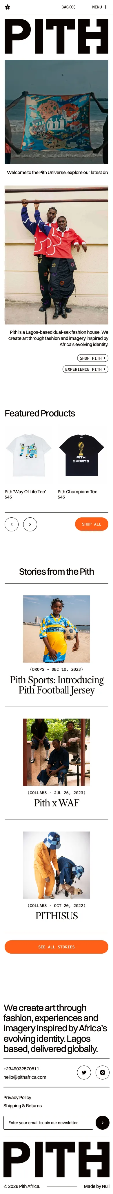 Pith Africa, homepage (mobile)