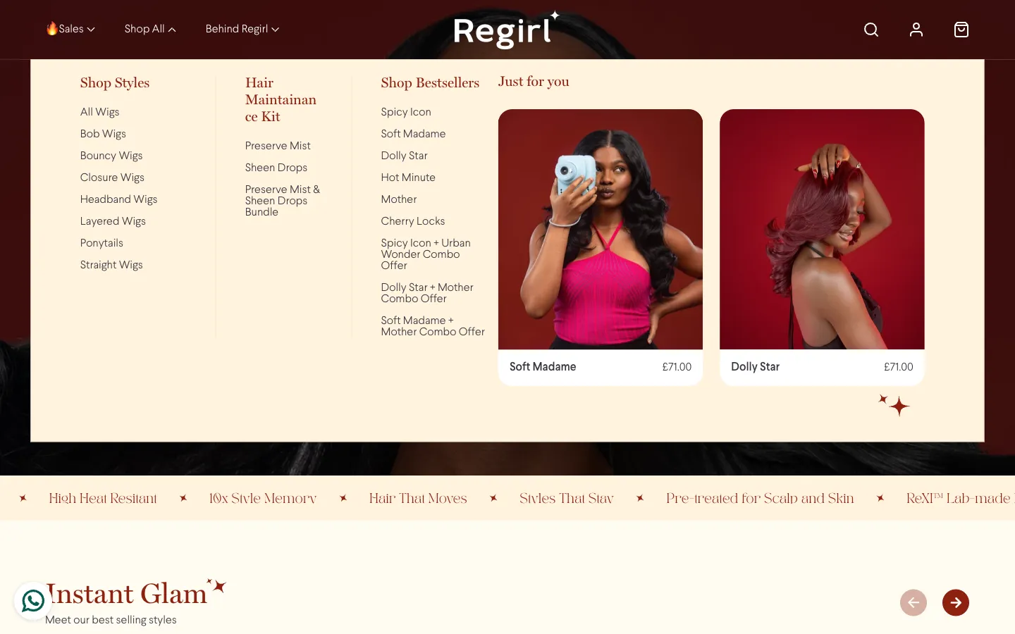 Regirl , menu (desktop)