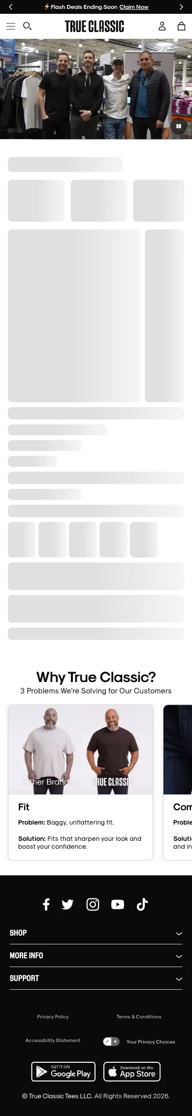 True Classic, homepage (mobile)